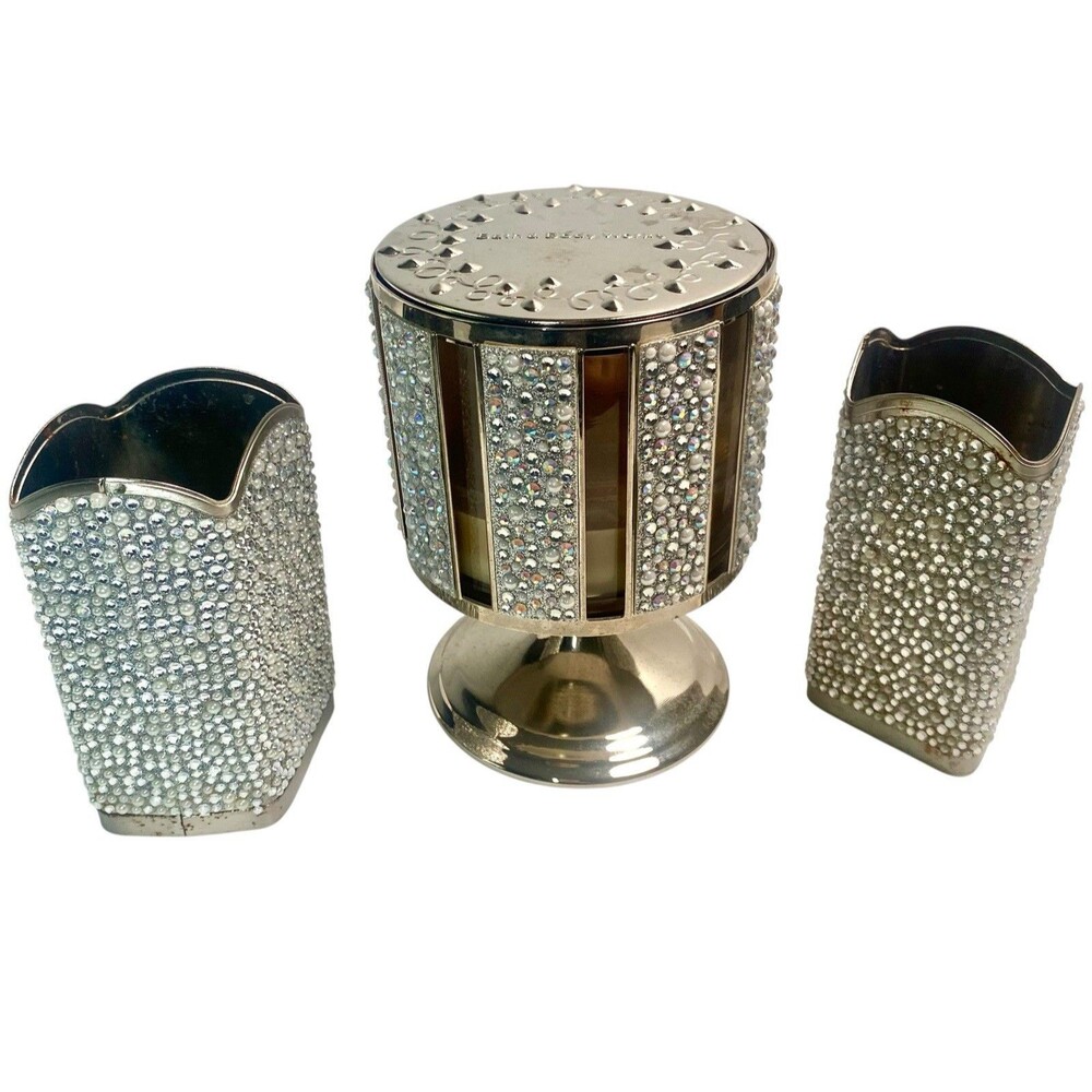 2 Bath & Body Works Tossed Gems Soap Holder Silver and 3 Wick Candle Holder - Picture 2 of 12